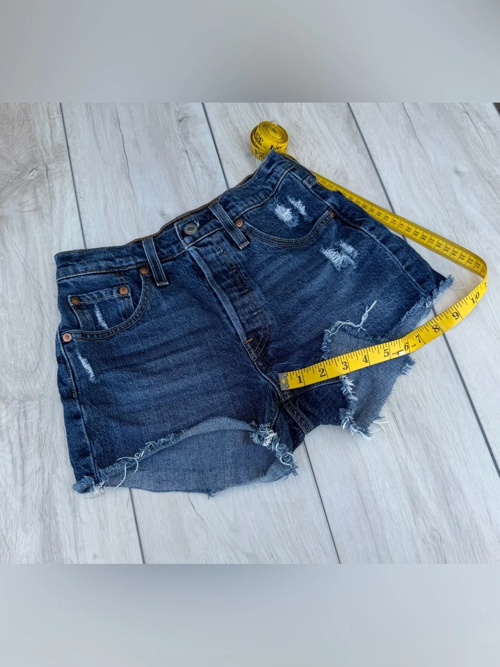 Levi's 501 Button Fly High Rise Dark Blue Indigo Distressed Denim Cutoff Shorts - Picture 6 of 11